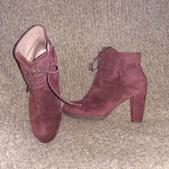 GADEA-Plum Suede Lace-Up/Side Zip-Ankle Booties-Block Heel-Sz 37-Near Mint - Picture 1 of 8
